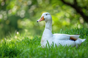 Duck Bill. White Duck with Beak Standing on Grass in Nature