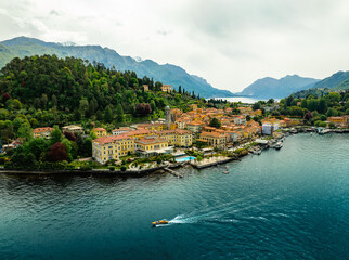 Aerial drone photo of the town of Belagio on Lago di Como, Italy in spring