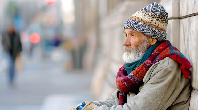Elderly Homeless Man on Winter Street, Senior Facing Poverty, Homelessness Crisis, Social Issues. 