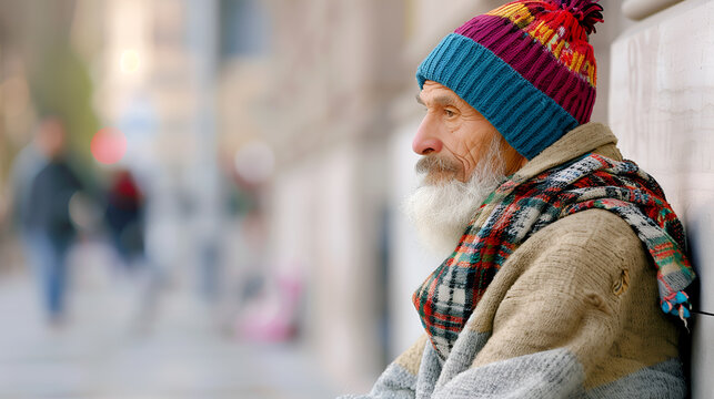Elderly Homeless Man on Winter Street, Senior Facing Poverty, Homelessness Crisis, Social Issues. 