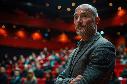 A confident bald man stands assertively in a lecture hall, with his audience in the background, embodying authority, knowledge, leadership, and influence during a public speaking event.