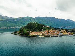 Aerial drone photo of the town of Belagio on Lago di Como, Italy in spring