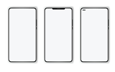 Set of realistic models smartphone with transparent screens. Smartphone mockup collection. Phone mockup in front. Mobile phone with shadow.