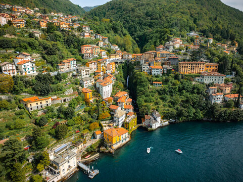 aerial drone photo of Orrido di Nesso at Lago di Como Italy in spring