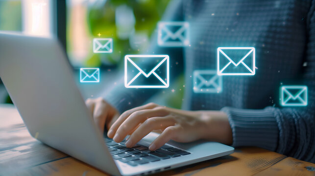 Person Working on Laptop with Floating Envelope Icons, Symbolizing E-mail Communication, DM, Messaging and Digital Networking.