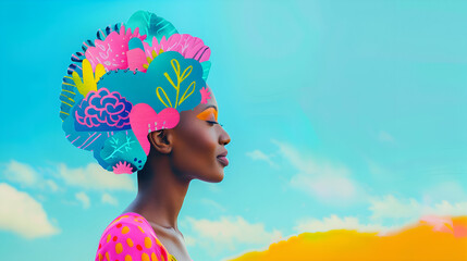 Black Woman's Portrait Showing Colorful Collage Concept of Brain, Positive Thoughts, Emotions and Mental Health Awareness, Inner Strength and Well-Being.