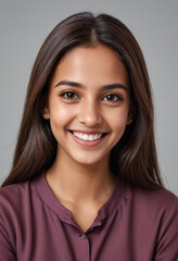 Fototapeta premium Portrait view of a regular happy smiling Qatar girl, ultra realistic, candid, social media, avatar image, plain solid background