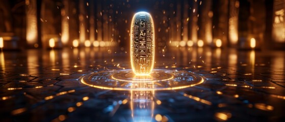 Futuristic digital artwork of a glowing obelisk in a dark chamber with reflections and golden lights, creating a mysterious atmosphere.