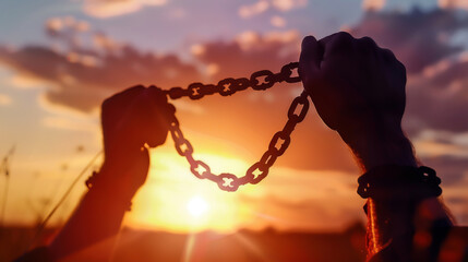 Silhouette of hands breaking free from chains against a vibrant sunset sky, symbolizing freedom and liberation. High Quality