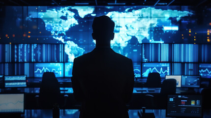 Silhouette of person in control room with world map and data on screens, showcasing global technology and data analysis concepts. High Quality