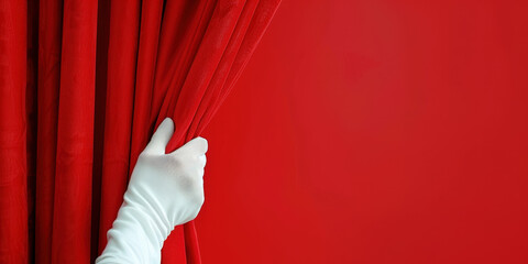 Gloved hand pulls back a lush red velvet curtain, symbolizing a grand reveal or the beginning of an event	