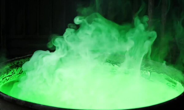 Cast iron cauldron is overflowing with a bright green potion, smoke curling from its surface, suggesting witchcraft and magic