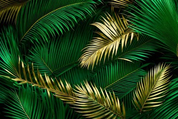 Creative nature background. Gold and green tropical palm leaves. Minimal summer abstract jungle or forest pattern.