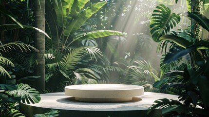 Obraz premium White round podium Tropical with Jungle Leaves and Sunlight