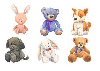 Watercolor set of soft toys hares, dogs, bears