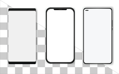 Set of realistic models smartphone with transparent screens. Smartphone mockup collection. Phone mockup in front. Mobile phone with shadow.