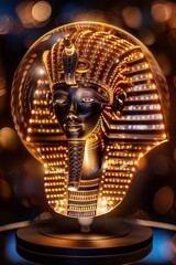 Obraz premium Illuminated Egyptian pharaoh bust with a golden headdress, glowing details, and a dark background, symbolizing ancient royalty and culture.