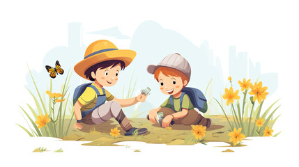 Isolated on a white background, children collecting bugs in the field