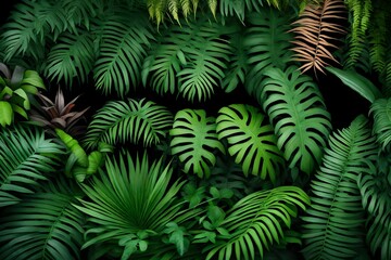 Tropical rainforest foliage plants bushes (ferns, palm, philodendrons and tropic plants leaves) in tropical garden on black background.