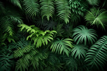 Tropical rainforest foliage plants bushes (ferns, palm, philodendrons and tropic plants leaves) in tropical garden on black background.