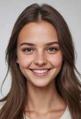 Portrait view of a regular happy smiling Kosovo girl, ultra realistic, candid, social media, avatar image, plain solid background