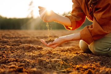 Close-up of a farmer hands holding black soil in their hands, fertile land. Garden field ground...