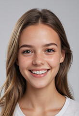 Fototapeta premium Portrait view of a regular happy smiling Netherlands girl, ultra realistic, candid, social media, avatar image, plain solid background