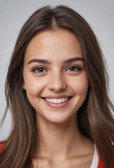 Naklejka premium Portrait view of a regular happy smiling Romania girl, ultra realistic, candid, social media, avatar image, plain solid background