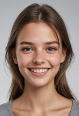 Fototapeta premium Portrait view of a regular happy smiling Slovenia girl, ultra realistic, candid, social media, avatar image, plain solid background