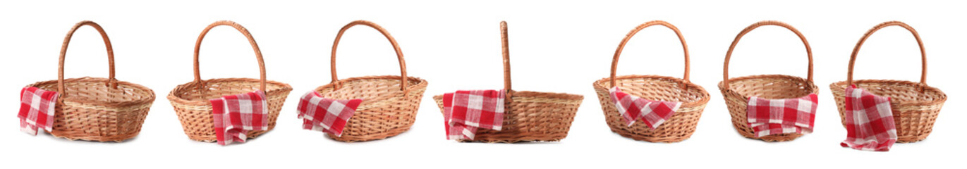 Wicker rattan basket for picnic isolated on white, collage