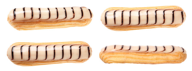 Tasty eclair with frosting isolated on white, collage