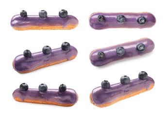 Tasty eclair with purple frosting isolated on white, collage