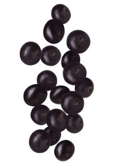 Many acai berries falling on white background