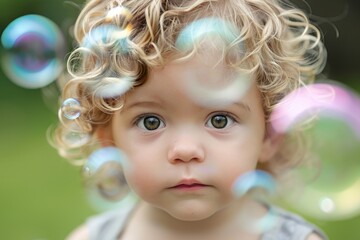 Toddler Bubbles. Closeup of a Kindergartner Baby Having Fun Blowing Green Soap Bubbles in Spring