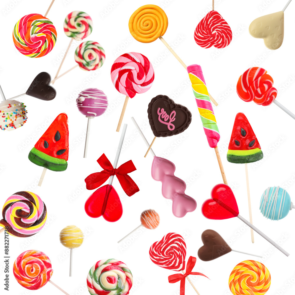 Poster Different sweets in air on white background