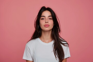 Fototapeta premium Vain Woman. Proud Hispanic Young Adult Female Over Pink Studio Background