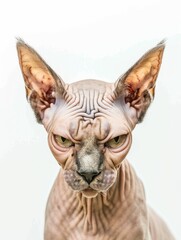 Hairless Cat. Angry Chimera with Hairless Sphinx Cat and Rat's Body on White Studio Background