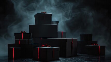 elegant black gift boxes stacked in abstract geometric formation subtle metallic accents catching light dark misty background with hints of red