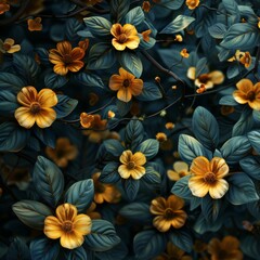 Fototapeta premium Golden Blooms Against Deep Green Foliage