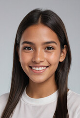 Fototapeta premium Portrait view of a regular happy smiling Peru girl, ultra realistic, candid, social media, avatar image, plain solid background