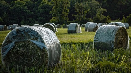 Obraz premium Bales of hay covered in plastic in a verdant field