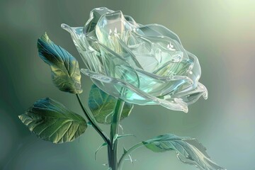 an elegant glass rose, with petals made of transparent, shimmering glass. The stem and leaves are delicately crafted, with intricate details and a slight green tint. 