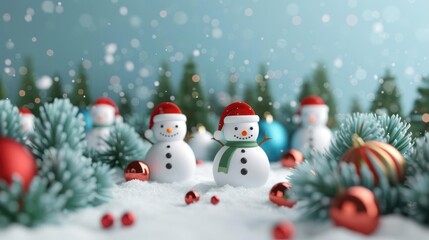 Three snowmen wearing Santa hats stand in a snowy winter scene with pine branches and ornaments.