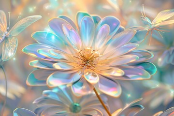 Obraz premium A whimsical digital illustration of a glass daisy, with petals in various pastel colors and a golden glass center. 