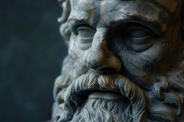 hyperrealistic digital sculpture of aristotle dramatic chiaroscuro lighting weathered marble texture intricate facial details contemplative expression