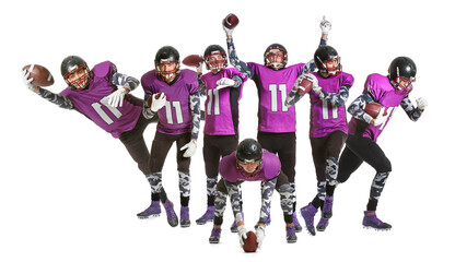 Set of American football players on white background