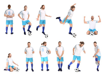 Set of young football player on white background