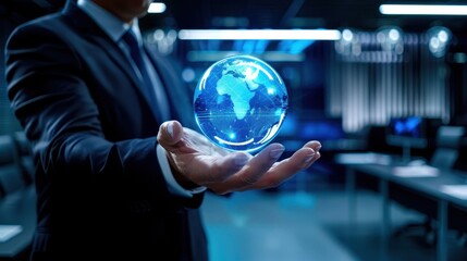 Businessman holding a digital globe in a modern office, symbolizing global business and technology.
