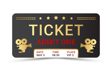 Cinema ticket admit one golden with gold text isolated on white background