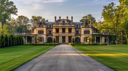 Naklejka premium A stately manor house with a grand entrance, manicured lawns, and a tree-lined driveway.